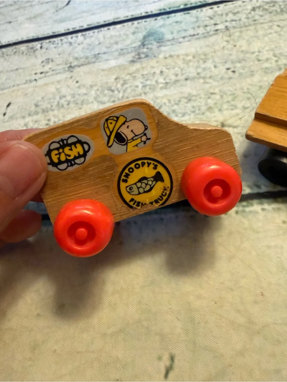 Vintage Snoopy's Fish Truck wooden toy 1971 Mattel Putt-Putt wooden cars
